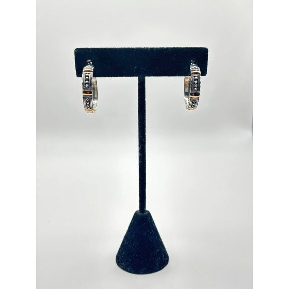 18K Sterling Silver Gold Hoop Earrings Filigree Design - Picture 3 of 10